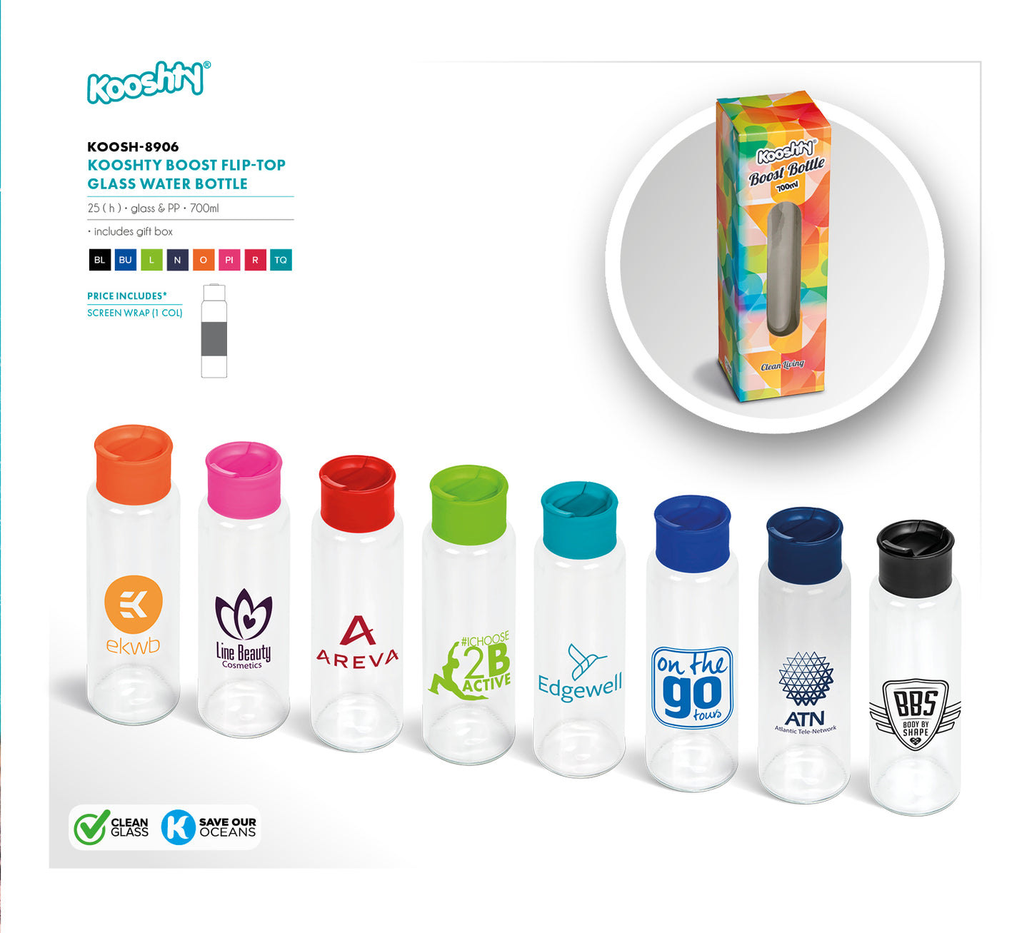 Kooshty Boost Glass Water Bottle - 700ml